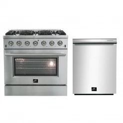 Forno 2-Piece Stainless Steel Appliance Package - With 36" Stainless Steel All Gas Range And 24" Tall Tub Dishwasher In Stainless Steel (2AP-FFSGS6120-36) 2-Piece Kitchen Packages