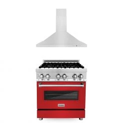 ZLINE Kitchen And Bath 2-Piece Kitchen Packages ZLINE 30 In. Kitchen Package With ZLINE DuraSnow Stainless Steel Dual Fuel Range With Red Matte Door And Convertible Vent Range Hood (2KP-RARMRH30)
