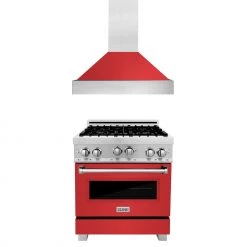 ZLINE Kitchen And Bath 2-Piece Kitchen Packages ZLINE 30 In. Kitchen Package With ZLINE DuraSnow Stainless Steel Gas Range With Red Matte Door And Convertible Vent Range Hood (2KP-RGSRMRH30)