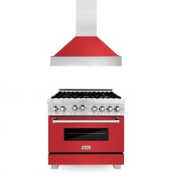 ZLINE Kitchen And Bath 2-Piece Kitchen Packages ZLINE 36 In. Kitchen Package With DuraSnow Stainless Steel Gas Range With Red Matte Door And Convertible Vent Range Hood (2KP-RGSRMRH36)