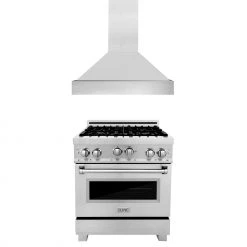 ZLINE Kitchen And Bath 2-Piece Kitchen Packages ZLINE 30 In. Kitchen Package With DuraSnow Stainless Steel Gas Range And Convertible Vent Range Hood (2KP-RGSSNRH30)