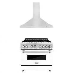 ZLINE Kitchen And Bath 2-Piece Kitchen Packages ZLINE 36 In. Kitchen Package With Stainless Steel Gas Range With White Matte Door And Convertible Vent Range Hood (2KP-RGWMRH36)