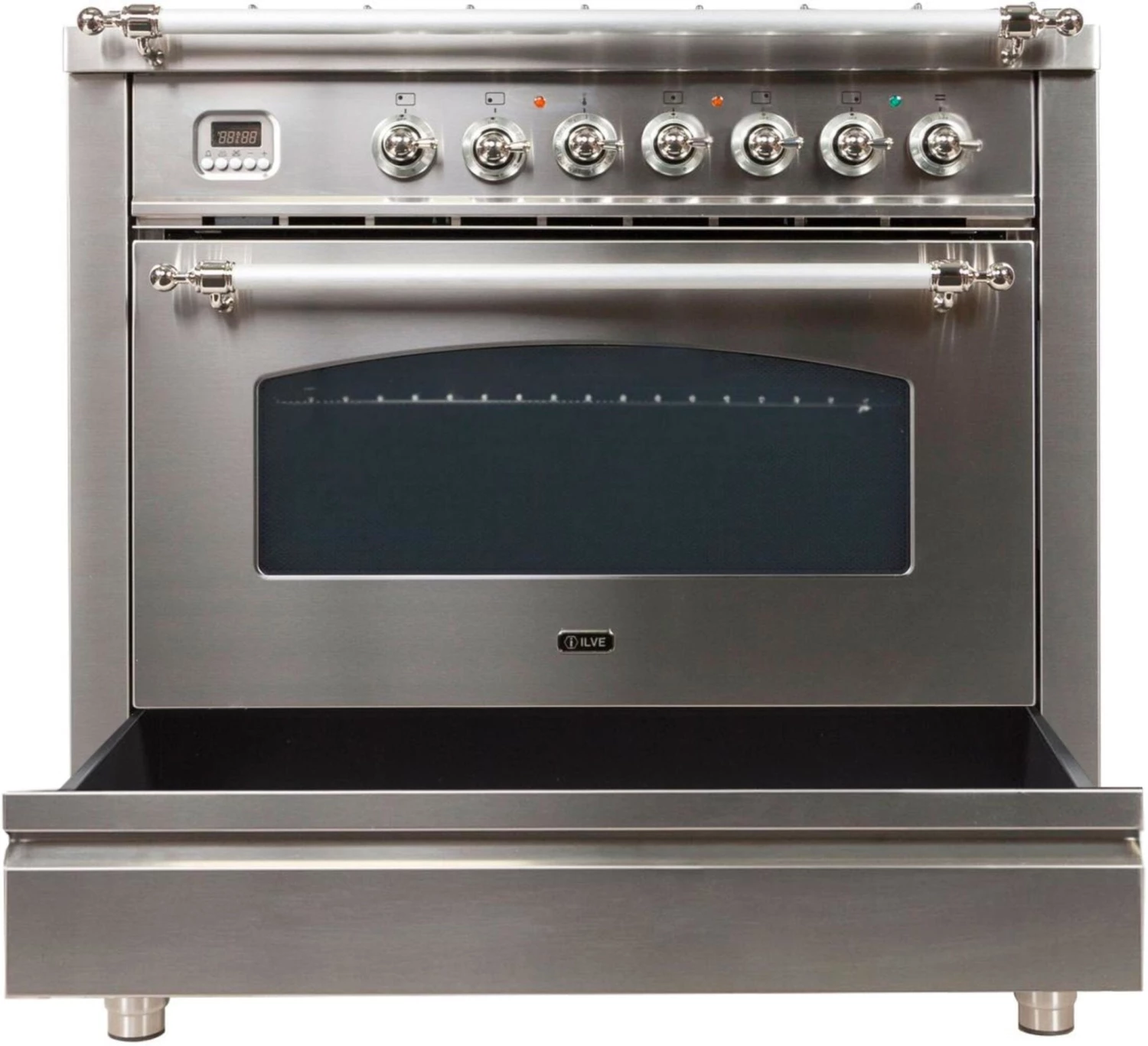 ILVE 36" 3.55 Cu. Ft. Nostalgie Series Freestanding Dual Fuel Range In Stainless Steel With Chrome Accents Shop By Brand 5 ILVE 36" 3.55 Cu. Ft. Nostalgie Series Freestanding Dual Fuel Range In Stainless Steel With Chrome Accents Shop By Brand