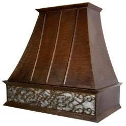 Premier Copper Products Premier Copper 38 In. Euro Wall Mounted Range Hood With Nickel Background Scroll Design In Hammered Copper