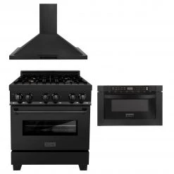 ZLINE Kitchen And Bath ZLINE 30 In. Kitchen Package With Black Stainless Steel Dual Fuel Range, Convertible Vent Range Hood And Microwave Drawer (3KP-RABRH30-MW) 3-Piece Kitchen Packages