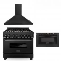 ZLINE Kitchen And Bath 3-Piece Kitchen Packages ZLINE 36 In. Kitchen Package With Black Stainless Steel Dual Fuel Range, Convertible Vent Range Hood And Microwave Drawer (3KP-RABRH36-MW)