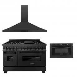 ZLINE Kitchen And Bath 3-Piece Kitchen Packages ZLINE 48 In. Kitchen Package With Black Stainless Steel Dual Fuel Range, Convertible Vent Range Hood And Microwave Drawer (3KP-RABRH48-MW)