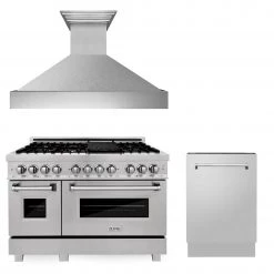 ZLINE Kitchen And Bath 3-Piece Kitchen Packages ZLINE 48 In. Kitchen Package With DuraSnow® Stainless Dual Fuel Range, Ducted Vent Range Hood And Tall Tub Dishwasher (3KP-RASRH48-DWV)
