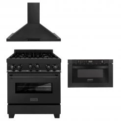 ZLINE Kitchen And Bath ZLINE 30 In. Kitchen Package With Black Stainless Steel Gas Range, Convertible Vent Range Hood And Microwave Drawer(3KP-RGBRH30-MW)