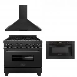 ZLINE Kitchen And Bath 3-Piece Kitchen Packages ZLINE 36 In. Kitchen Package With Black Stainless Steel Gas Range, Convertible Vent Range Hood And Microwave Drawer(3KP-RGBRH36-MW)