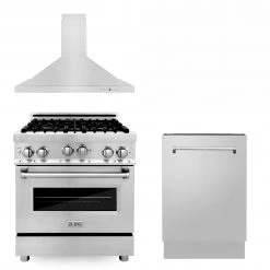 ZLINE Kitchen And Bath ZLINE 30 In. Kitchen Package With Stainless Steel Gas Range, Convertible Vent Range Hood And Tall Tub Dishwasher (3KP-RGRH30-DWV) 3-Piece Kitchen Packages