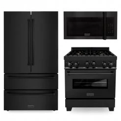ZLINE Kitchen And Bath ZLINE Kitchen Package With Black Stainless Steel Refrigeration, 30 In. Gas Range And 30 In. Traditional Over The Range Microwave (3KPR-RGBOTRH30) 3-Piece Kitchen Packages