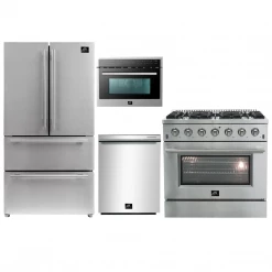 Forno 4-Piece Stainless Steel Appliance Package - With 36 In. French Door Refrigerator, 36 In. All Gas Range, 24 In. Built-In Microwave Oven, And 24 In. Tall Tub Dishwasher (4AP-FFSGS6240-36) 4-Piece Kitchen Packages