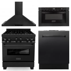 ZLINE Kitchen And Bath 4-Piece Kitchen Packages ZLINE 30 In. Kitchen Package With Black Stainless Steel Gas Range, Range Hood, Microwave Drawer And Dishwasher(4KP-RGBRH30-MWDW)