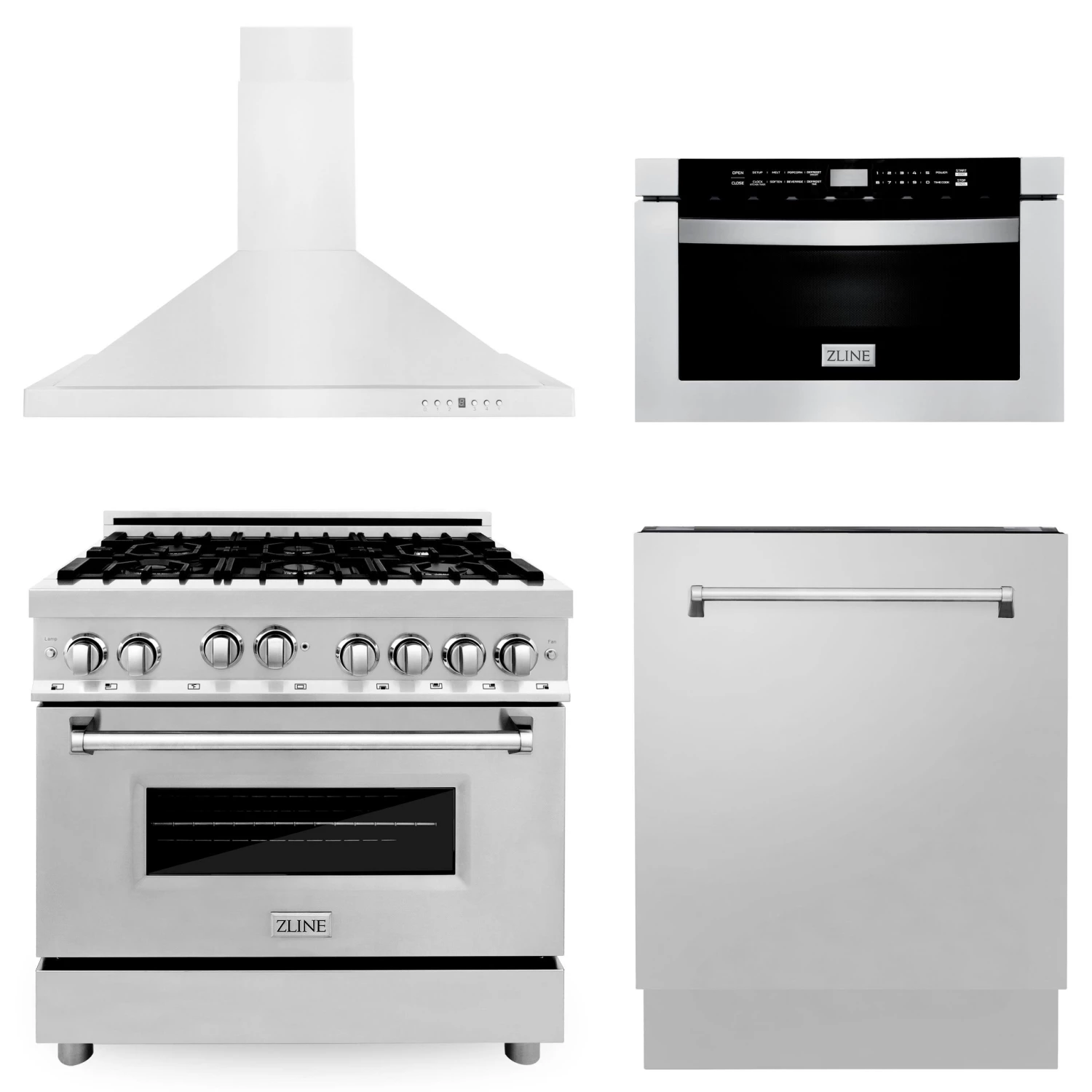 ZLINE Kitchen And Bath ZLINE 36 In. Kitchen Package With Stainless Steel Gas Range, Range Hood, Microwave Drawer And Tall Tub Dishwasher(4KP-RGRH36-MWDWV) 1 ZLINE Kitchen And Bath ZLINE 36 In. Kitchen Package With Stainless Steel Gas Range, Range Hood, Microwave Drawer And Tall Tub Dishwasher(4KP-RGRH36-MWDWV)