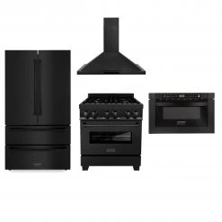 ZLINE Kitchen And Bath ZLINE Kitchen Package With Black Stainless Steel Refrigeration, 30 In. Dual Fuel Range, 30 In. Range Hood And Microwave Drawer (4KPR-RABRH30-MW)