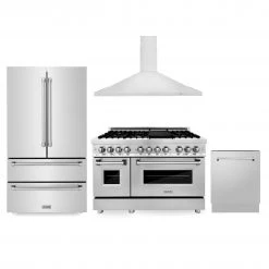 ZLINE Kitchen And Bath ZLINE Kitchen Package With Refrigeration, 48 In. Stainless Steel Dual Fuel Range, 48 In. Convertible Vent Range Hood And 24 In. Tall Tub Dishwasher (4KPR-RARH48-DWV)