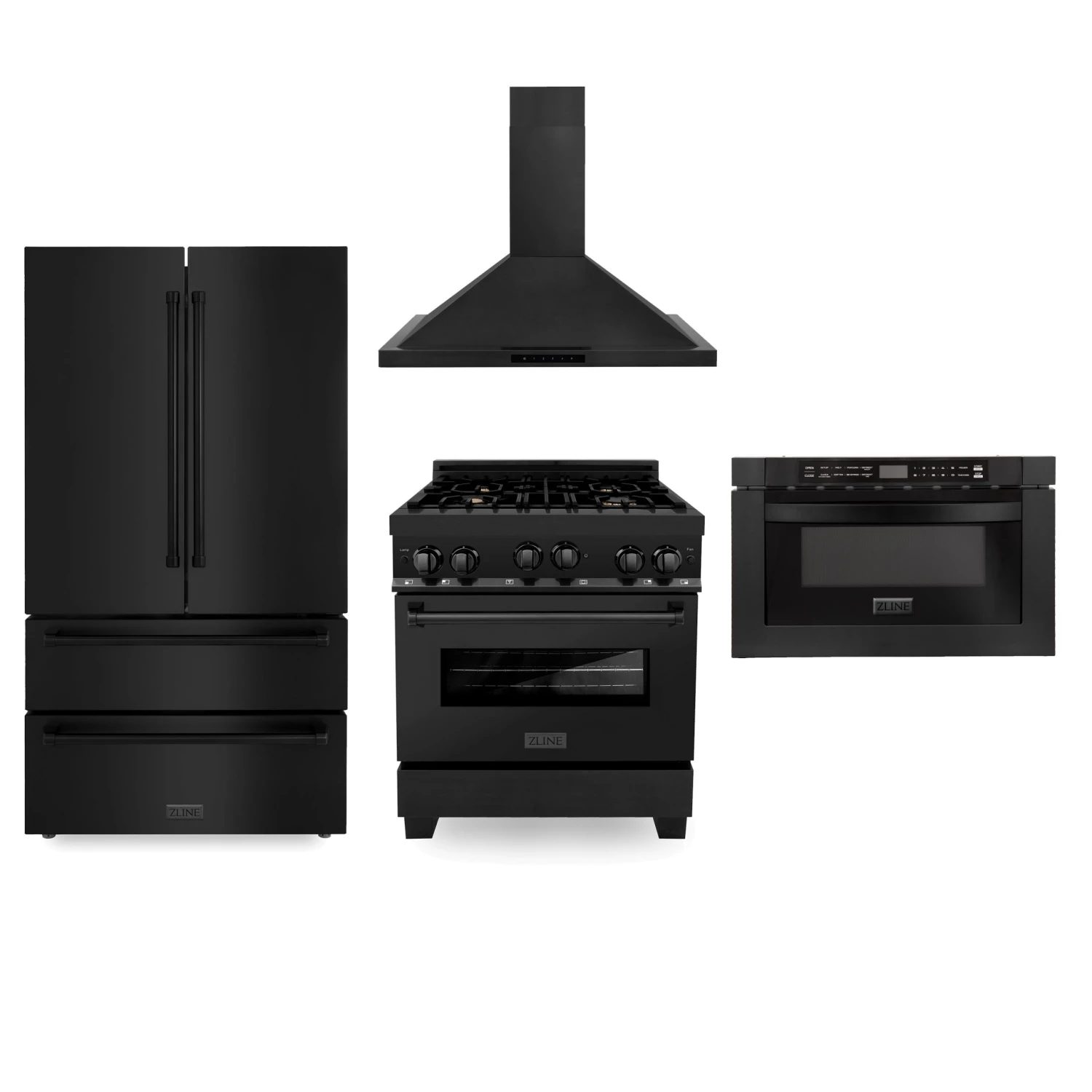 ZLINE Kitchen And Bath ZLINE Kitchen Package With Refrigeration, 30 In. Black Stainless Steel Gas Range, 30 In. Convertible Vent Range Hood And Microwave Drawer (4KPR-RGBRH30-MW) 4-Piece Kitchen Packages 1 ZLINE Kitchen And Bath ZLINE Kitchen Package With Refrigeration, 30 In. Black Stainless Steel Gas Range, 30 In. Convertible Vent Range Hood And Microwave Drawer (4KPR-RGBRH30-MW) 4-Piece Kitchen Packages