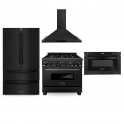 ZLINE Kitchen And Bath ZLINE Kitchen Package With Black Stainless Steel Refrigeration, 36 In. Gas Range And Microwave Drawer (4KPR-RGBRH36-MW) 4-Piece Kitchen Packages
