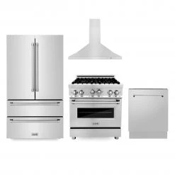 ZLINE Kitchen And Bath 4-Piece Kitchen Packages ZLINE Kitchen Package With Refrigeration, 30 In. Stainless Steel Gas Range, 30 In. Convertible Vent Range Hood And 24 In. Tall Tub Dishwasher (4KPR-RGRH30-DWV)