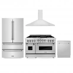 ZLINE Kitchen And Bath ZLINE Kitchen Package With Refrigeration, 48 In. Stainless Steel Gas Range, 48 In. Convertible Vent Range Hood And 24 In. Tall Tub Dishwasher (4KPR-RGRH48-DWV) 4-Piece Kitchen Packages