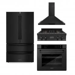 ZLINE Kitchen And Bath ZLINE Kitchen Package With Black Stainless Steel Refrigeration, 30 In. Rangetop, 30 In. Range Hood And 30 In. Single Wall Oven (4KPR-RTBRH30-AWS)