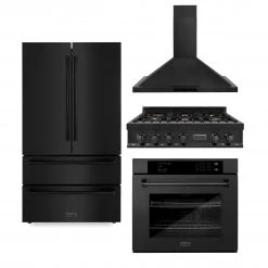 ZLINE Kitchen And Bath 4-Piece Kitchen Packages ZLINE Kitchen Package With Black Stainless Steel Refrigeration, 36 In. Rangetop, 36 In. Range Hood And 30 In. Single Wall Oven (4KPR-RTBRH36-AWS)