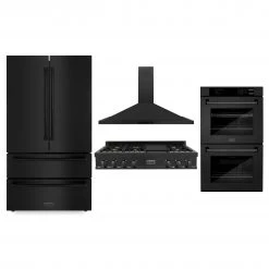 ZLINE Kitchen And Bath ZLINE Kitchen Package With Black Stainless Steel Refrigeration, 48 In. Rangetop, 48 In. Range Hood And 30 In. Double Wall Oven (4KPR-RTBRH48-AWD)