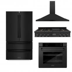 ZLINE Kitchen And Bath ZLINE Kitchen Package With Black Stainless Steel Refrigeration, 48 In. Rangetop, 48 In. Range Hood And 30 In. Single Wall Oven (4KPR-RTBRH48-AWS)
