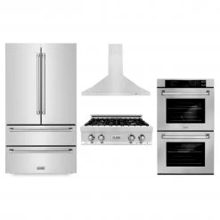 ZLINE Kitchen And Bath ZLINE Kitchen Package With Refrigeration, 30 In. Stainless Steel Rangetop, 30 In. Range Hood And 30 In. Double Wall Oven (4KPR-RTRH30-AWD) 4-Piece Kitchen Packages