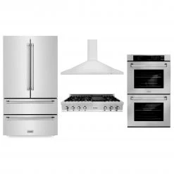 ZLINE Kitchen And Bath 4-Piece Kitchen Packages ZLINE Kitchen Package With Refrigeration, 48 In. Stainless Steel Rangetop, 48 In. Range Hood And 30 In. Double Wall Oven (4KPR-RTRH48-AWD)