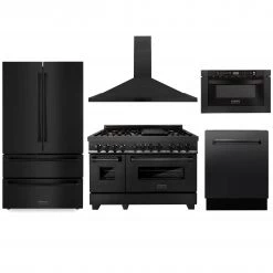 ZLINE Kitchen And Bath ZLINE Kitchen Package With Black Stainless Steel Refrigeration, 48 In. Dual Fuel Range, 48 In. Range Hood, Microwave Drawer, And 24 In. Tall Tub Dishwasher (5KPR-RABRH48-MWDWV)