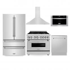 ZLINE Kitchen And Bath ZLINE Kitchen Package With Refrigeration, 36 In. Stainless Steel Dual Fuel Range, 36 In. Convertible Vent Range Hood, 24 In. Microwave Drawer, And 24 In. Tall Tub Dishwasher (5KPR-RARH36-MWDWV)