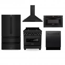 ZLINE Kitchen And Bath ZLINE Kitchen Package With Black Stainless Steel Refrigeration, 30 In. Gas Range, 30 In. Range Hood, Microwave Drawer, And 24 In. Tall Tub Dishwasher (5KPR-RGBRH-MWDWV) 5-Piece Kitchen Packages