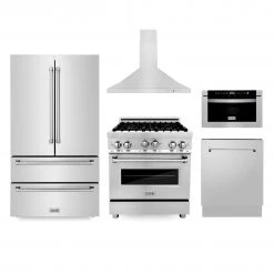 ZLINE Kitchen And Bath 5-Piece Kitchen Packages ZLINE Kitchen Package With Refrigeration, 30 In. Stainless Steel Gas Range, 30 In. Convertible Vent Range Hood, 24 In. Microwave Drawer, And 24 In. Tall Tub Dishwasher (5KPR-RGRH30-MWDWV)