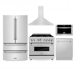 ZLINE Kitchen And Bath ZLINE Kitchen Package With Refrigeration, 36 In. Stainless Steel Gas Range, 36 In. Convertible Vent Range Hood, 24 In. Microwave Drawer, And 24 In. Tall Tub Dishwasher (5KPR-RGRH36-MWDWV) 5-Piece Kitchen Packages