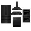ZLINE Kitchen And Bath ZLINE Kitchen Package With Refrigeration, 36 In. Black Stainless Steel Gas Range, 36 In. Convertible Vent Range Hood, 30 In. Double Wall Oven, And 24 In. Tall Tub Dishwasher (5KPR-RTBRH36-AWDDWV)