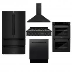 ZLINE Kitchen And Bath ZLINE Kitchen Package With Refrigeration, 36 In. Black Stainless Steel Gas Range, 36 In. Convertible Vent Range Hood, 30 In. Double Wall Oven, And 24 In. Tall Tub Dishwasher (5KPR-RTBRH36-AWDDWV)