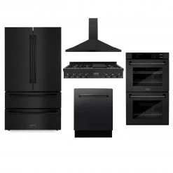 ZLINE Kitchen And Bath ZLINE Kitchen Package With Refrigeration, 48 In. Black Stainless Steel Gas Rangetop, 48 In. Convertible Vent Range Hood, 30 In. Double Wall Oven, And 24 In. Tall Tub Dishwasher (5KPR-RTBRH48-AWDDWV)
