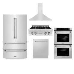 ZLINE Kitchen And Bath ZLINE Kitchen Package With Refrigeration, 30 In. Stainless Steel Gas Rangetop, 30 In. Convertible Vent Range Hood, 30 In. Double Wall Oven, And 24 In. Tall Tub Dishwasher (5KPR-RTRH30-AWDDWV) 5-Piece Kitchen Packages