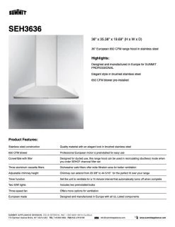 Summit Appliances SUMMIT Wall-Mounted Range Hood In Stainless Steel (SEH36)