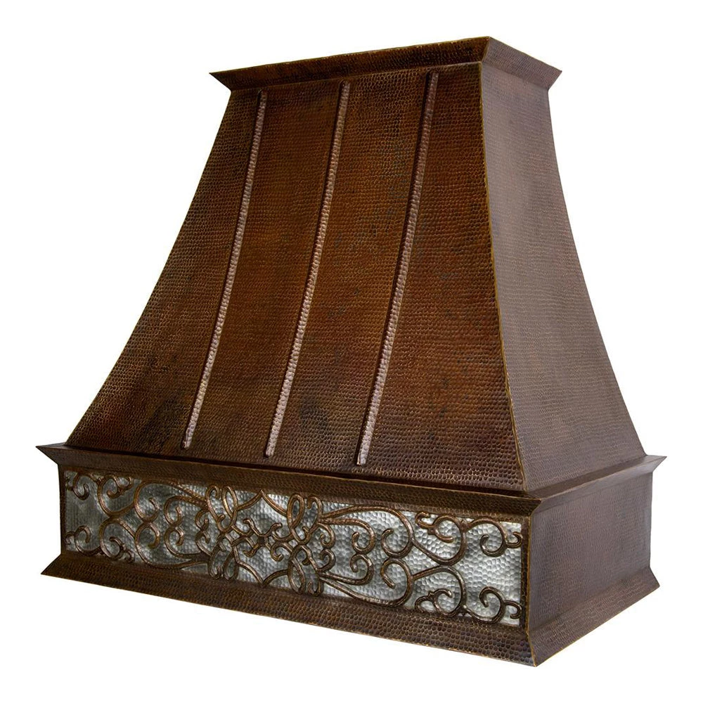 Premier Copper Products Premier Copper 38 In. Euro Wall Mounted Range Hood With Nickel Background Scroll Design In Hammered Copper 1 Premier Copper Products Premier Copper 38 In. Euro Wall Mounted Range Hood With Nickel Background Scroll Design In Hammered Copper