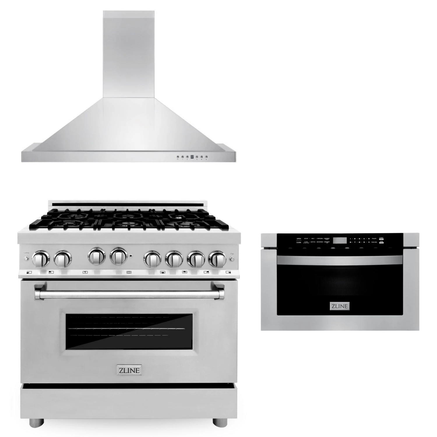 ZLINE Kitchen And Bath 3-Piece Kitchen Packages ZLINE 36 In. Kitchen Package With Stainless Steel Gas Range, Convertible Vent Range Hood And Microwave Drawer (3KP-RGRH36-MW) 1 ZLINE Kitchen And Bath 3-Piece Kitchen Packages ZLINE 36 In. Kitchen Package With Stainless Steel Gas Range, Convertible Vent Range Hood And Microwave Drawer (3KP-RGRH36-MW)
