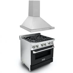 ZLINE Kitchen And Bath ZLINE 30 In. Kitchen Package With Stainless Steel Dual Fuel Range With Black Matte Door And Convertible Vent Range Hood (2KP-RABLMRH30)