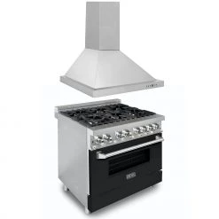 ZLINE Kitchen And Bath ZLINE 36 In. Kitchen Package With Stainless Steel Dual Fuel Range With Black Matte Door And Convertible Vent Range Hood (2KP-RABLMRH36) 2-Piece Kitchen Packages