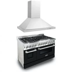 ZLINE Kitchen And Bath ZLINE 48 In. Kitchen Package With Stainless Steel Dual Fuel Range With Black Matte Door And Convertible Vent Range Hood (2KP-RABLMRH48)