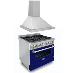 ZLINE Kitchen And Bath ZLINE 36 In. Kitchen Package With Stainless Steel Dual Fuel Range With Blue Matte Door And Convertible Vent Range Hood (2KP-RABMRH36) 2-Piece Kitchen Packages