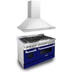 ZLINE Kitchen And Bath ZLINE 48 In. Kitchen Package With Stainless Steel Dual Fuel Range With Blue Matte Door And Convertible Vent Range Hood (2KP-RABMRH48) 2-Piece Kitchen Packages