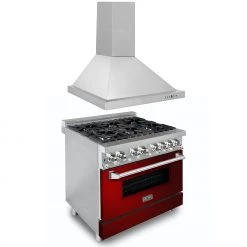 ZLINE Kitchen And Bath ZLINE 36 In. Kitchen Package With Stainless Steel Dual Fuel Range With Red Gloss Door And Convertible Vent Range Hood (2KP-RARGRH36)