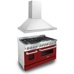 ZLINE Kitchen And Bath 2-Piece Kitchen Packages ZLINE 48 In. Kitchen Package With Stainless Steel Dual Fuel Range With Red Gloss Door And Convertible Vent Range Hood (2KP-RARGRH48)